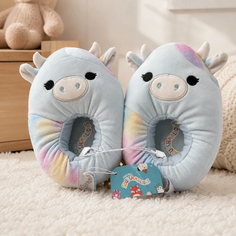Squishmallows Bubba the Cow Plush Slippers Blue Tie Dye Kids Size 13/1 New